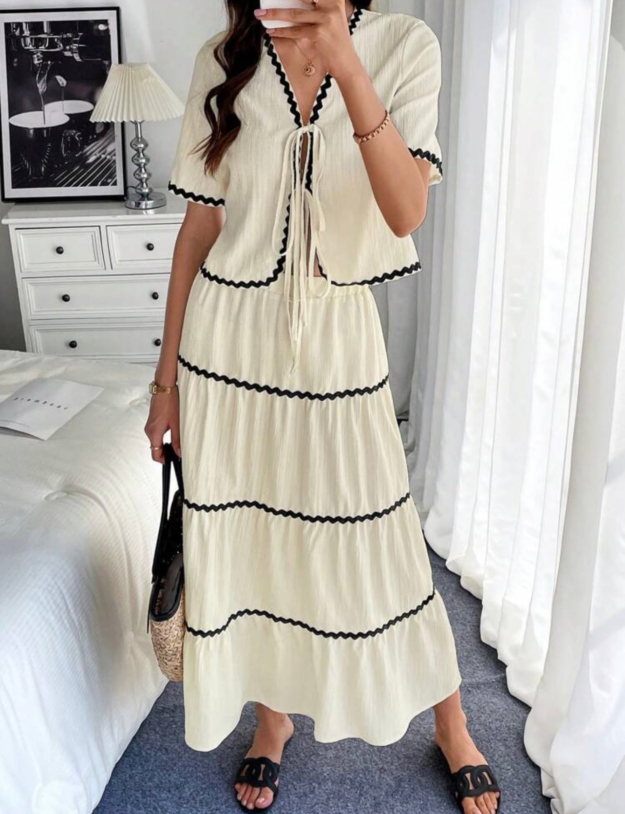 Floral trim top and skirt set